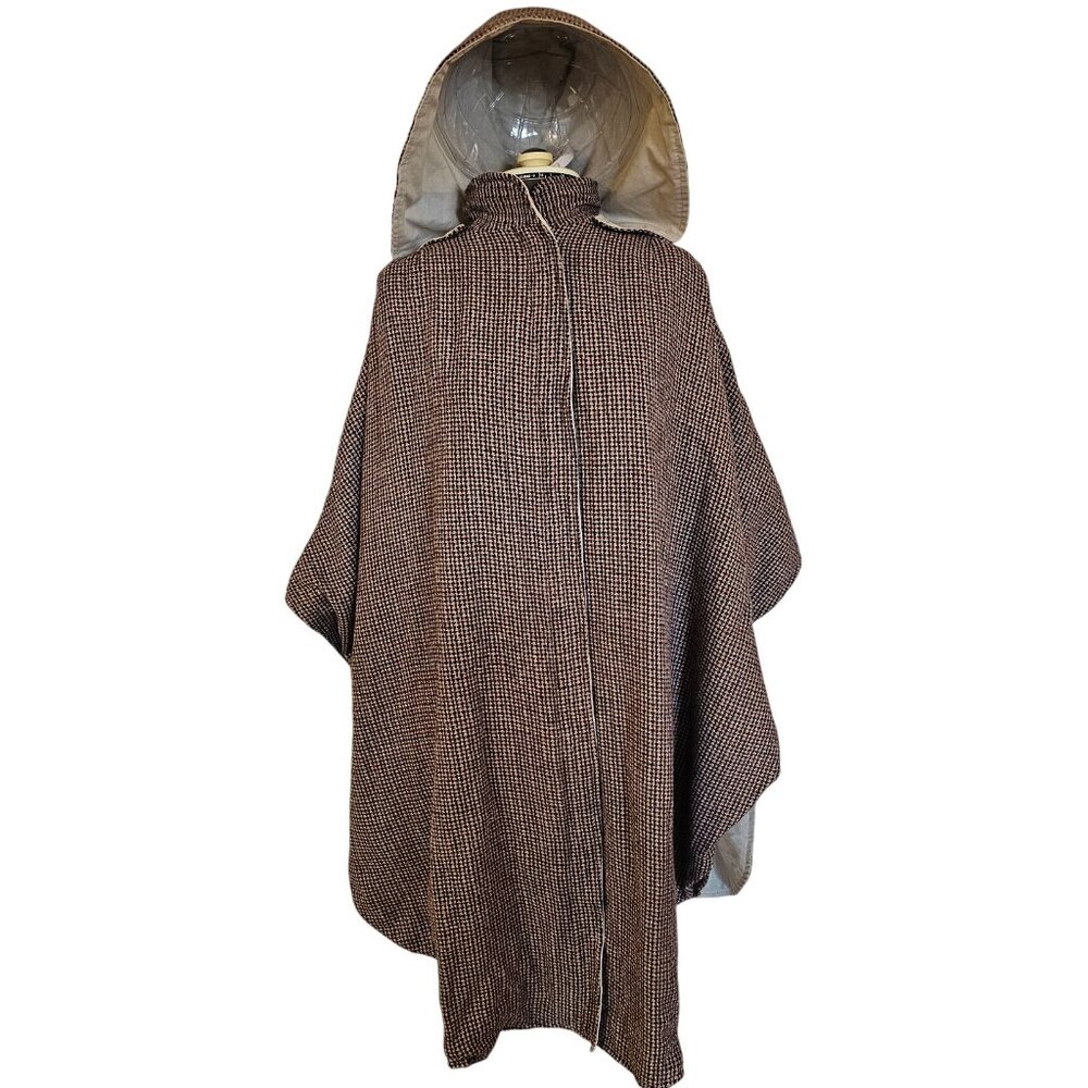 Vintage Tweed Hooded coat cape one‎ size zipper reversable Brown 1960s excellent